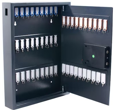 Boîte à clés Pavo pour 50 clés, gris foncé, 10 étiquettes incluses, avec serrure électrique