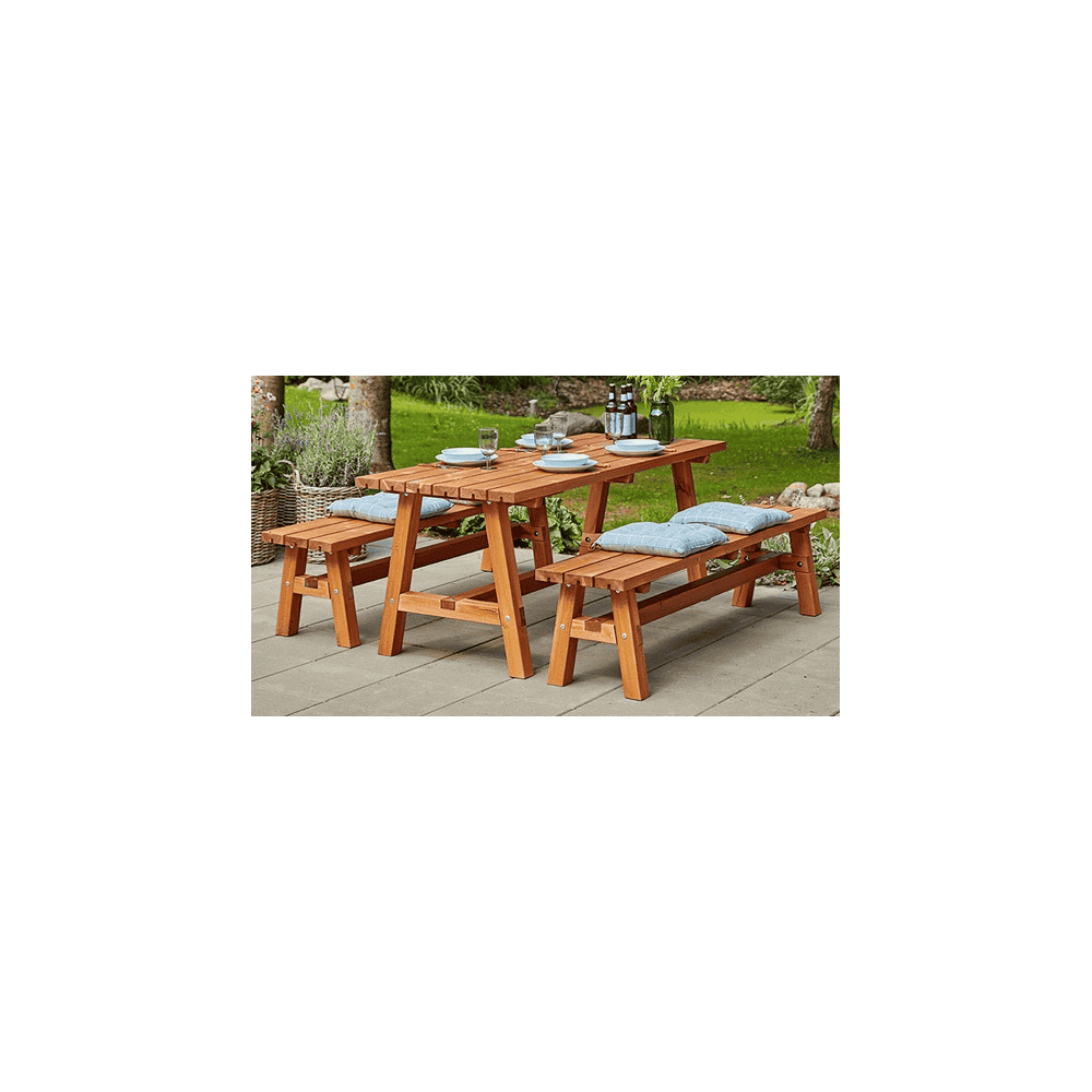 Country table et banc de jardin, trois coleurs, 1770 x 1810 x 760 / 450 mm