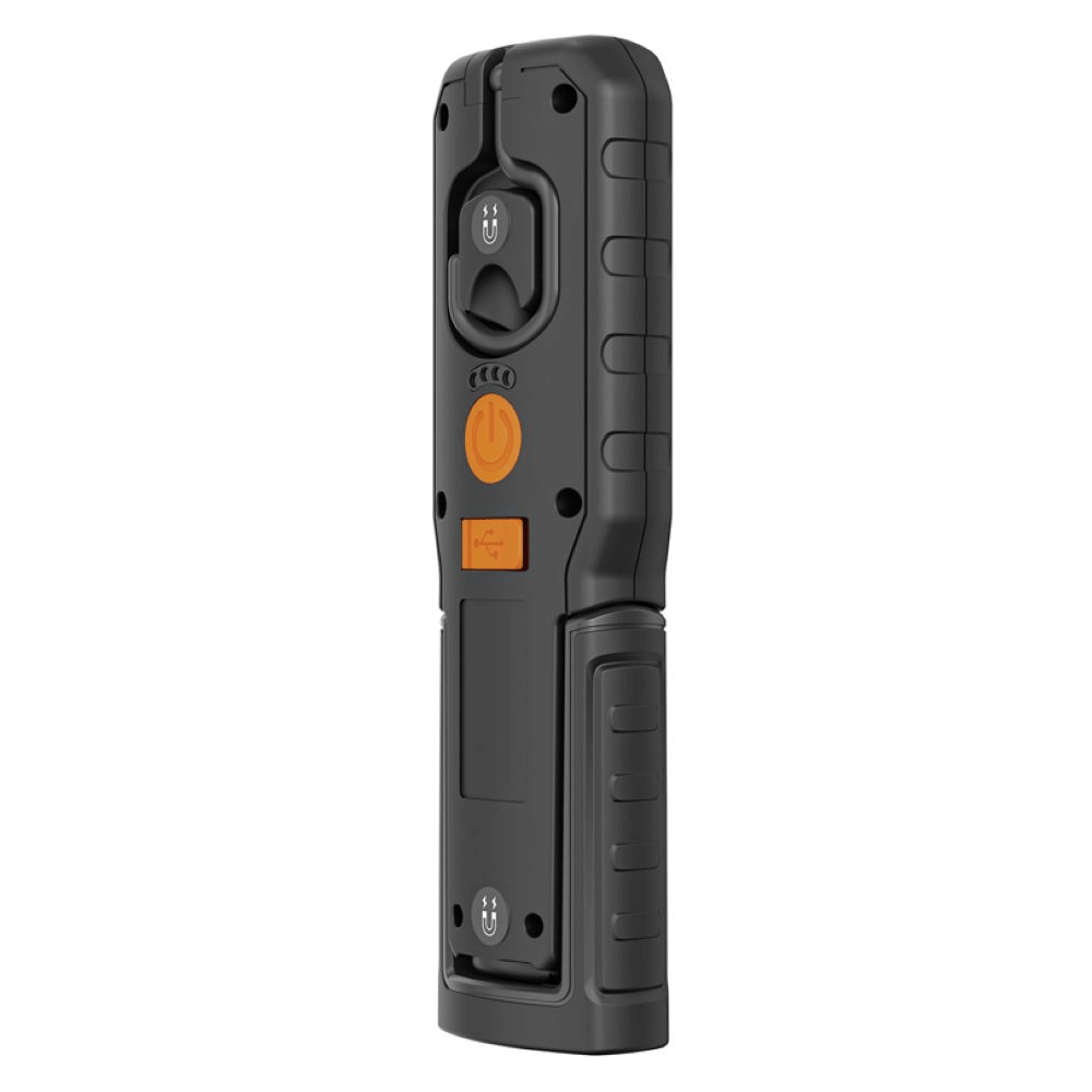 Steffen LED Akku-Handleuchte 5 W, 600 + 100 lm, 5700 K, 240° drehbar, IP54, schwarz/orange