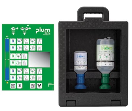 Station murale de rinçage oculaire d'urgence Plum 4921, avec 200 ml de solution pH neutre et 500 ml de solution de rinçage oculaire