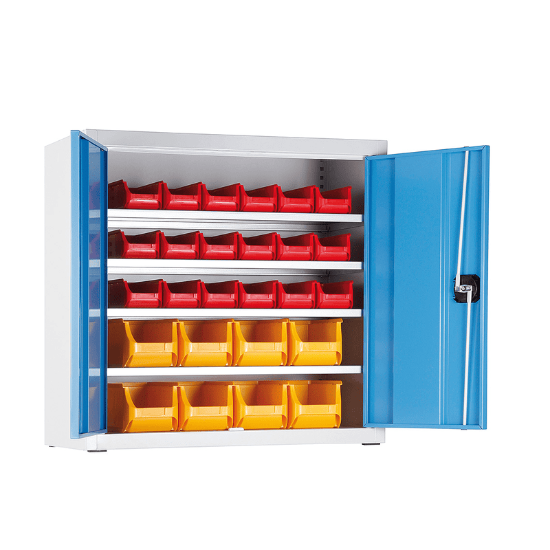 Niedriger Magazinschrank mit 26 Sichtlagerkästen