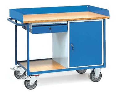 Fetra Chariot d'atelier avec plans de travail, capacité 400 kg, 1 armoire et 1 tiroir, 1220 x 650 x 930 mm