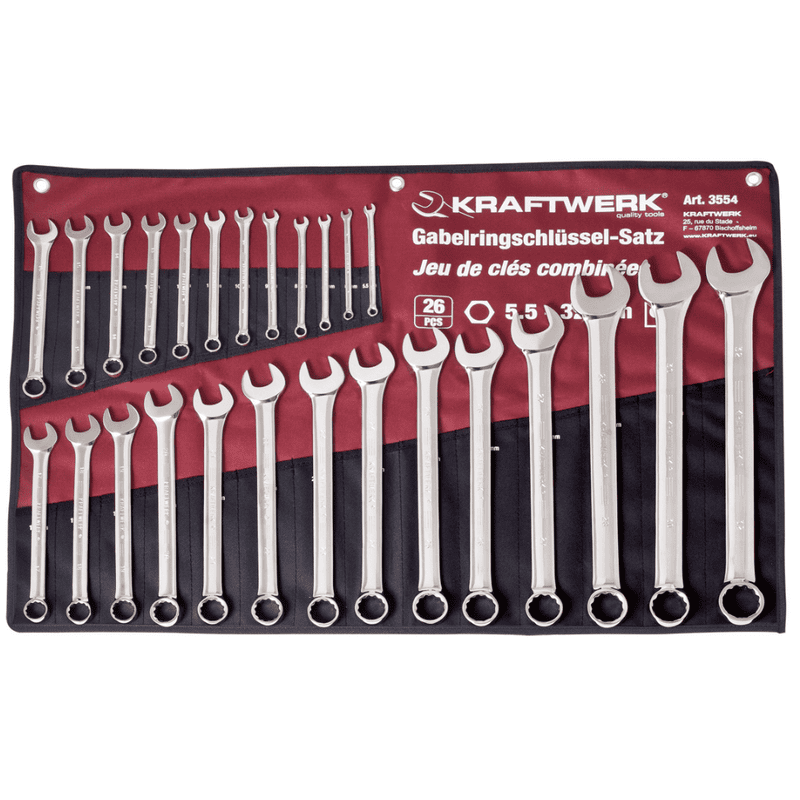 KRAFTWERK PRO LINE Ringgabelschlüssel-Satz, 26-teilig, 5.5–32 mm, Chrom-Vanadium, in Rolltasche