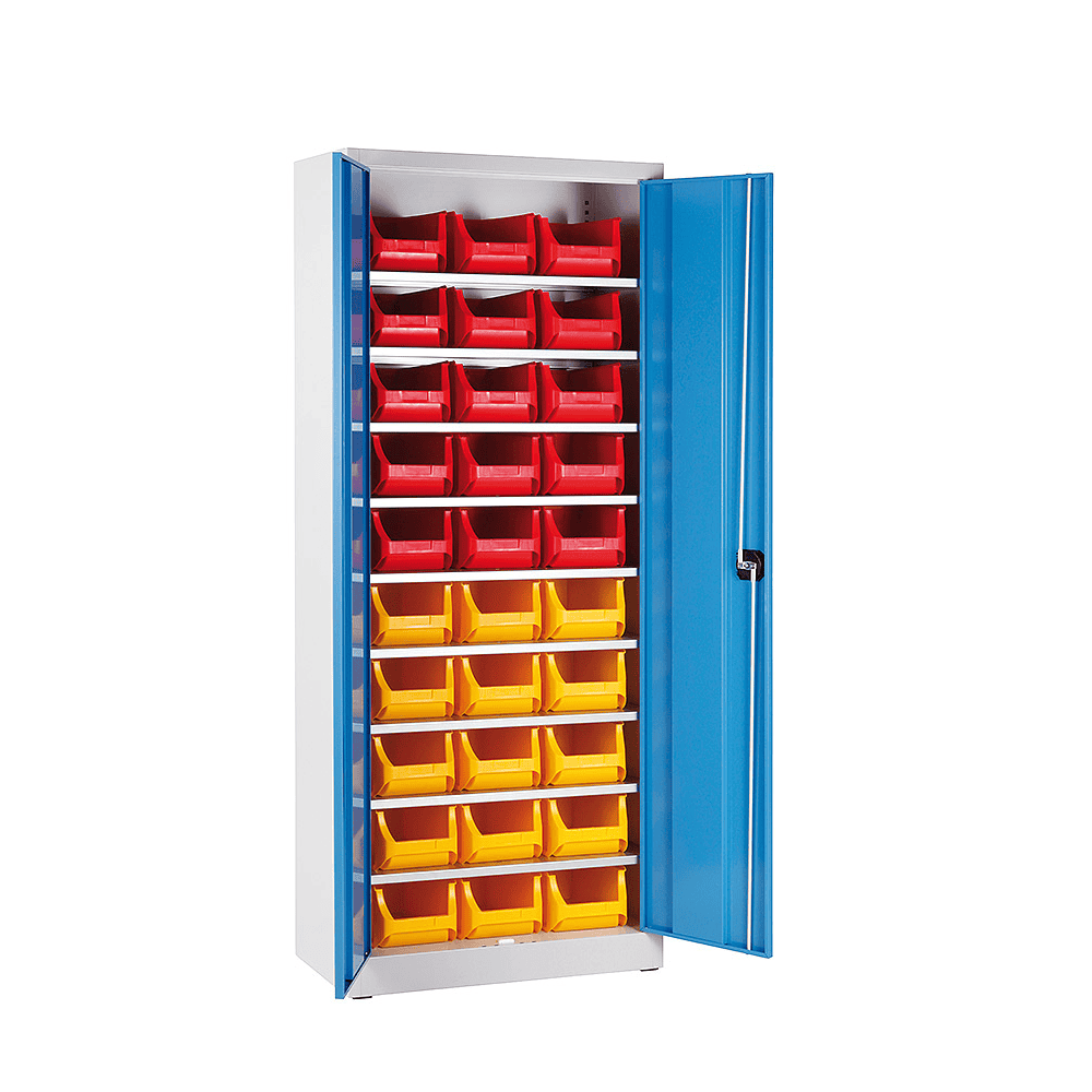 Magazinschrank mit 30 Sichtlagerkästen