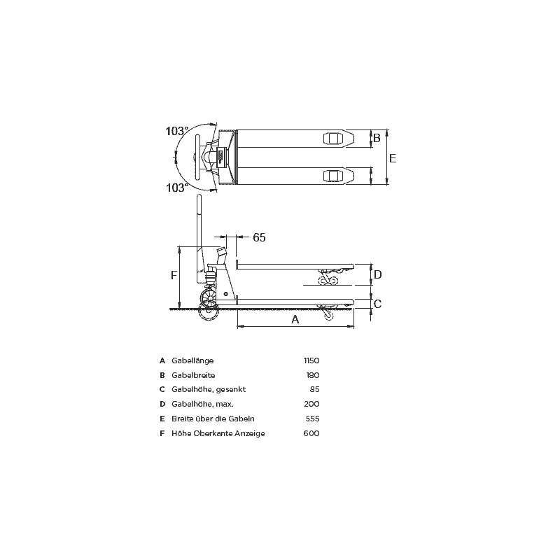 RAVAS Handhubwagen 1100 / Palettrolli mit Waage, Tragkraft 2000 kg, Anzeigeschritt 1 kg