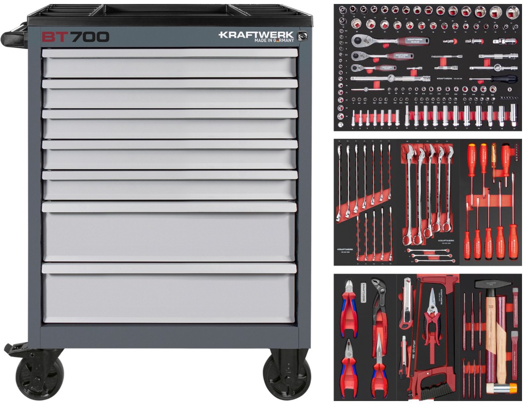 KRAFTWERK BT LINE Werkstattwagen BT700 7 Schubladen mit PB, inkl. Werkzeug, 198-teilig, BxTxH 719 x 474 x 1000 mm