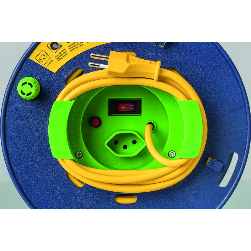 Steffen Kunststoff-Gerätekabelrolle LOOP, 1 + 1 x T13, Td 3×1 mm², Thermoschutz, IP20, blau/grün, Kabellänge 40 m