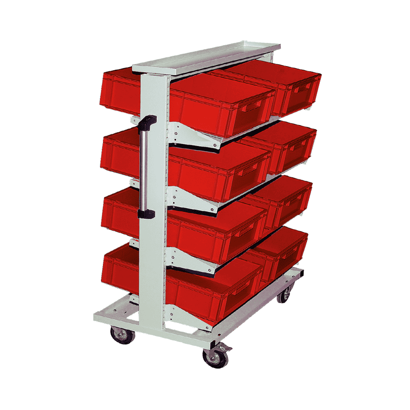 Bedrunka+Hirth ESD-Multi-Wagen, 4 x neigbarer Fachboden inkl. Euro-Lagerkästen, 990 x 610 x 1450 mm