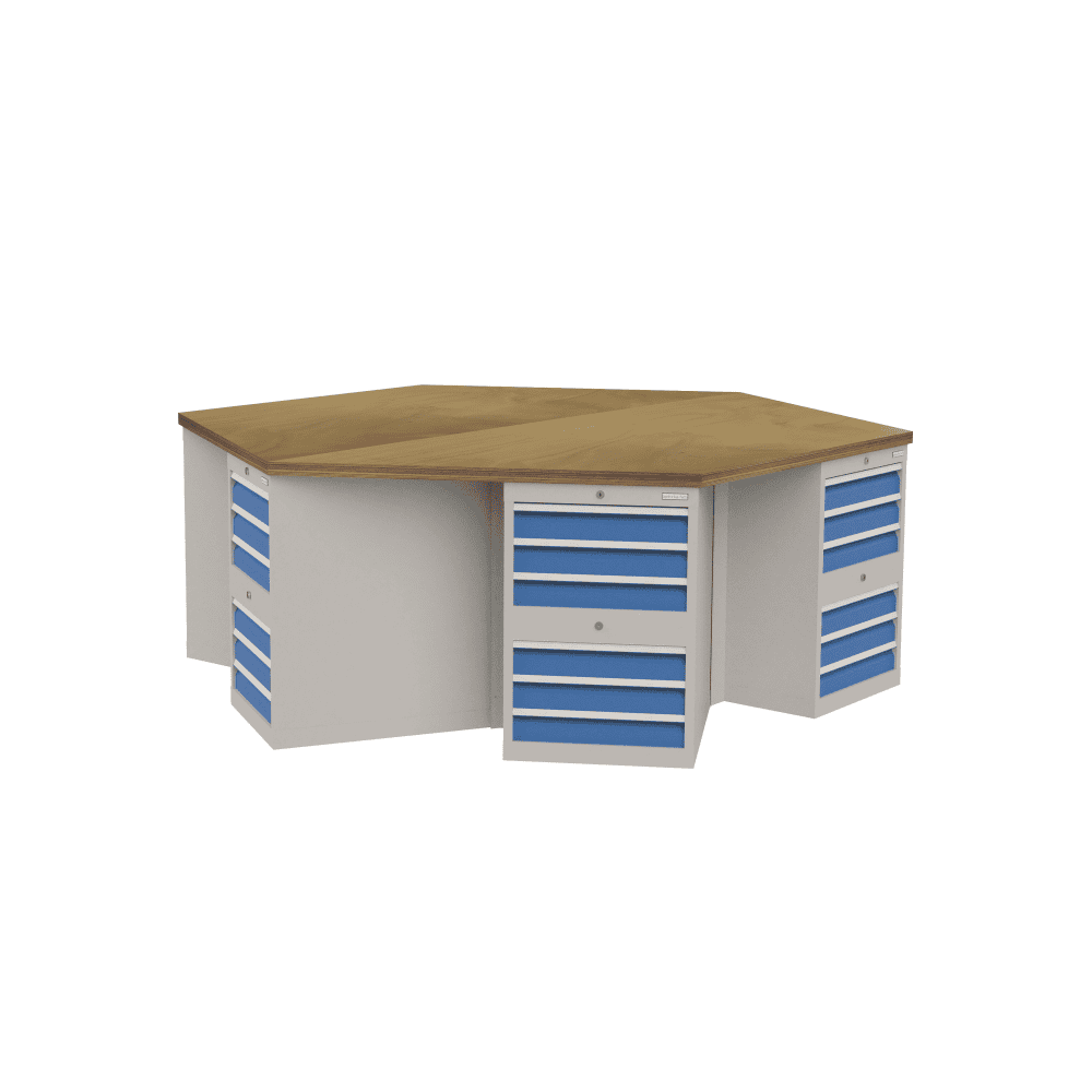 Bedrunka+Hirth 6-Eck-Werkbank mit 6 Schubladenschrank, BxTxH 2500 x 2165 x 859 mm 