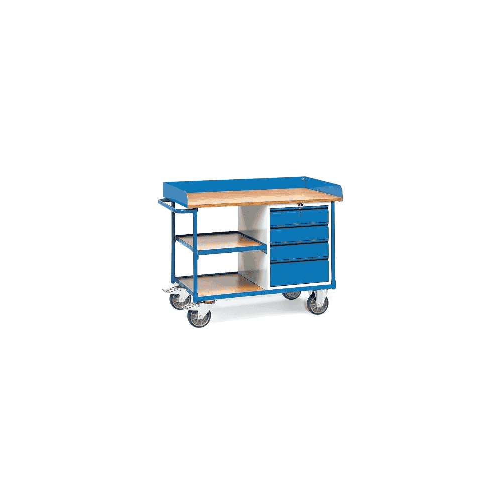 Fetra Werkstattwagen mit Arbeitsplatten, Tragkraft 400 kg, 4 Schubladen und 3 Ladeflächen, 1220 x 650 x 930 mm