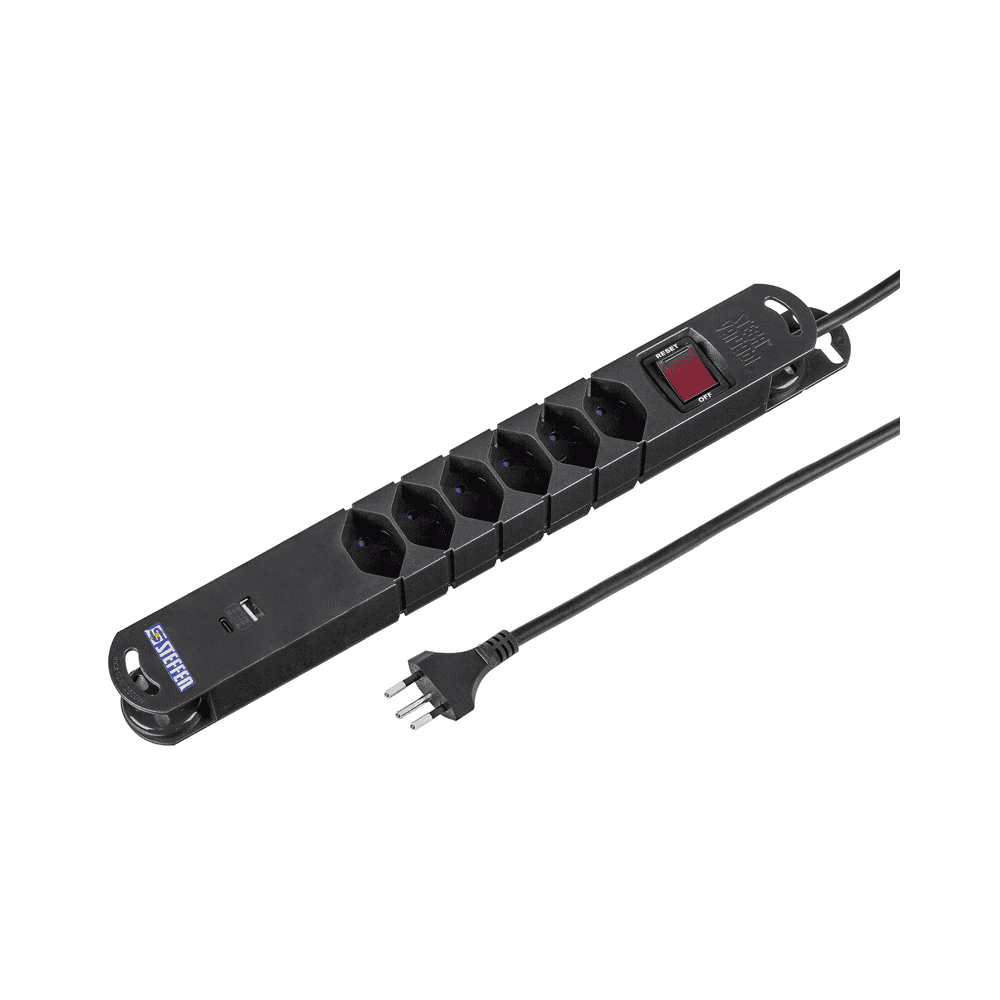 Steffen Steckdosenleiste VARIABL, 6 x T13 Steckdosen, 1 x USB-A, 1 x USB-C PD (18W), mit Schalter, 3 m Kabel, in 2 Farben