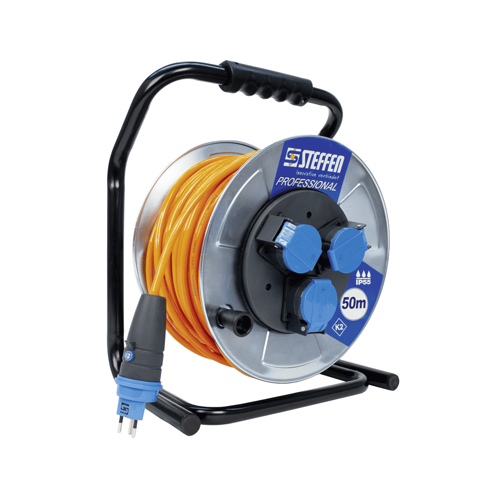 Steffen Metall-Kabelrolle PROFESSIONAL, 3 x T13, PUR, 10 A, Thermoschutz, IP55, silber, diverse Ausführungen