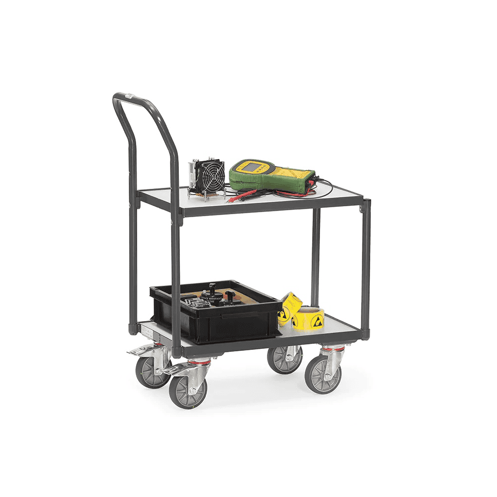 Fetra Rouleur de caisses Euro ESD avec 2 étagères et barre de poussée tubulaire, 747 x 414 x 970 mm
