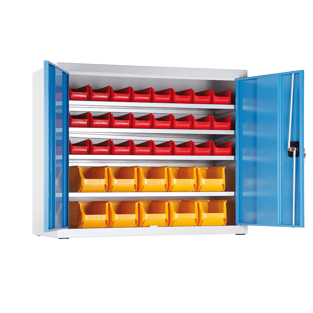 Niedriger Magazinschrank mit 34 Sichtlagerkästen