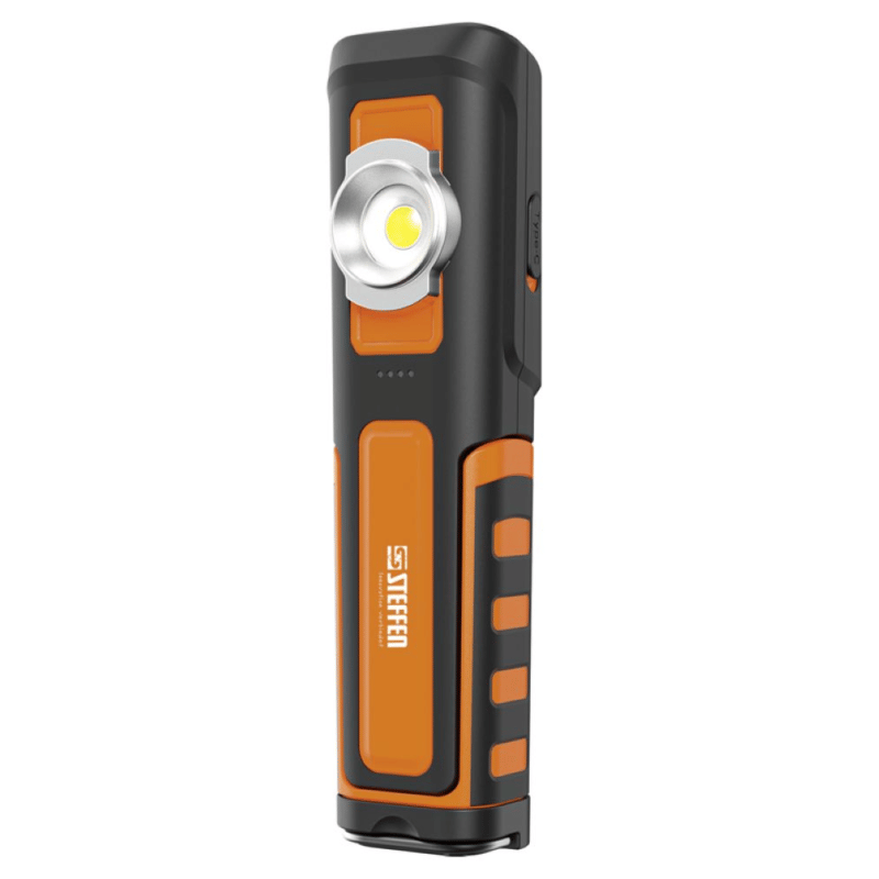Steffen LED Akku-Arbeitsleuchte 6 W, 600 + 100 lm, 5700 K, 240° drehbar, IP65, schwarz/orange