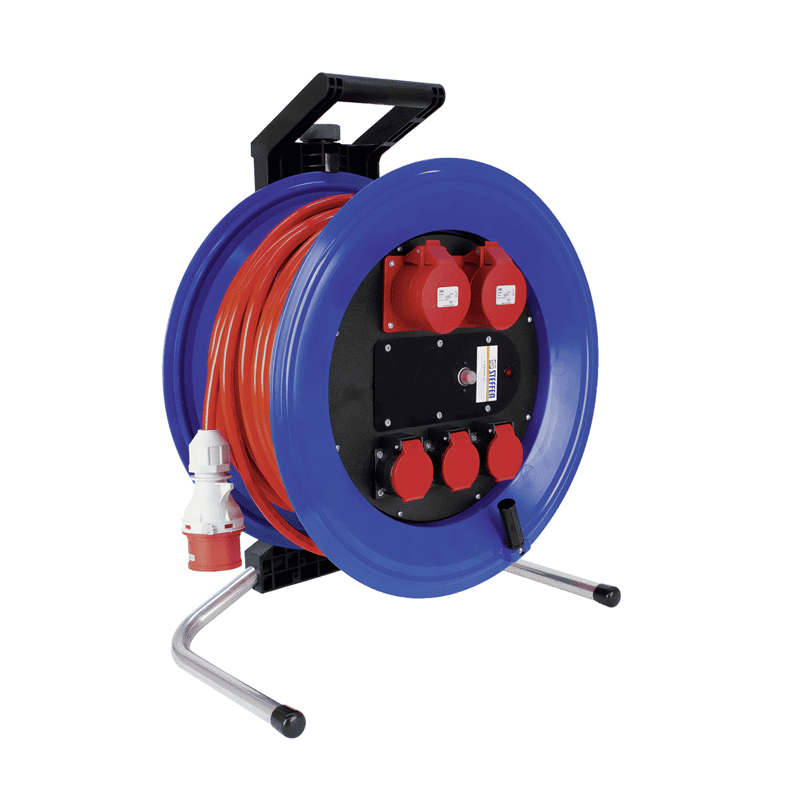 Steffen Kunststoff-Kabelrolle PROFESSIONAL, 2xCEE16/5 + 3xT25 Bauflex, 5G2.5 mm², 16 A, Thermoschutz, IP44, blau