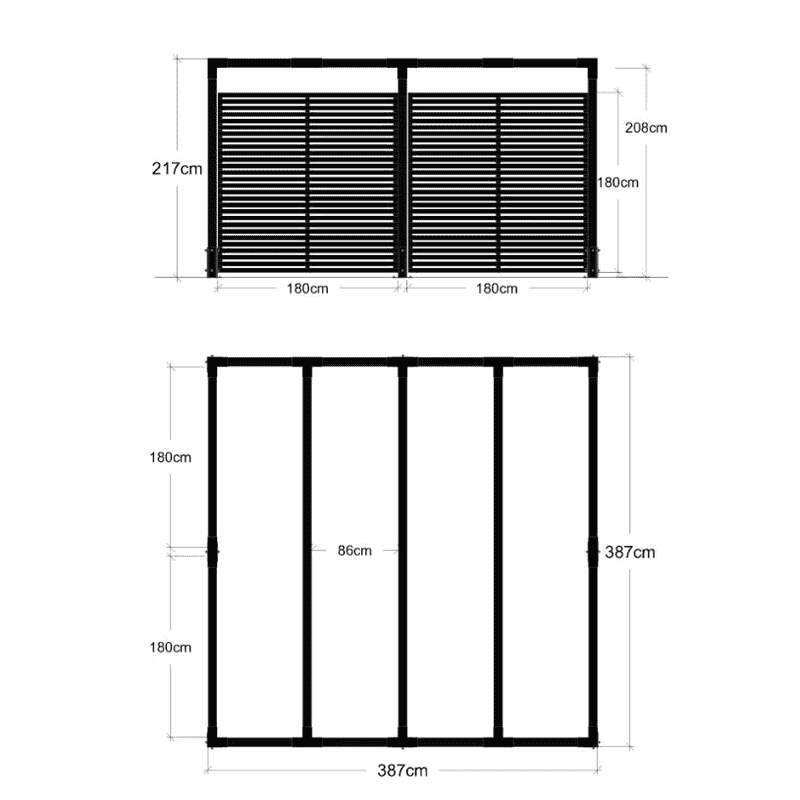 PLUS Pergola Cubic avec clôture Tokyo, noir RAL 9005, L x P x H 3870 x 3870 x 2170 mm