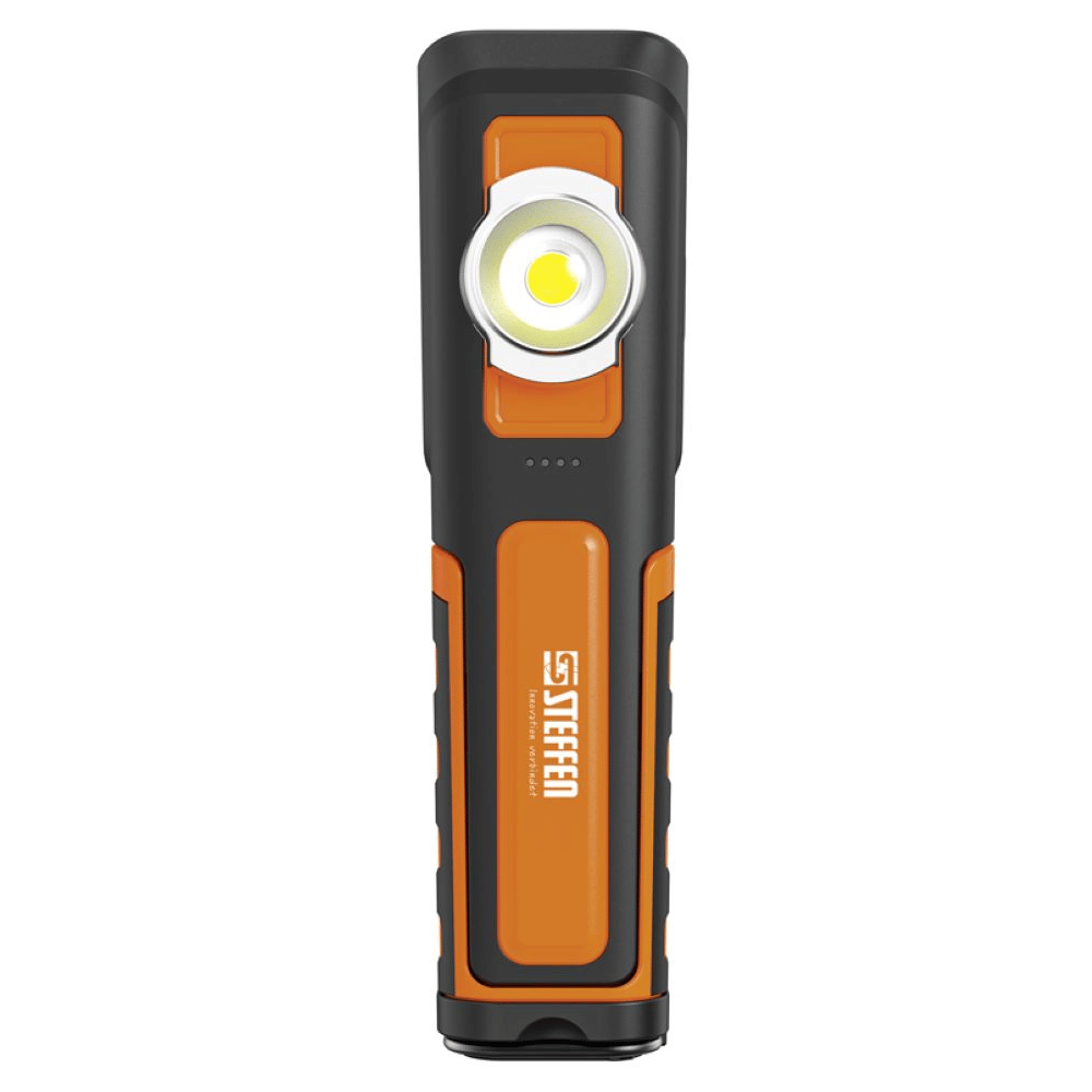 Steffen LED Akku-Arbeitsleuchte 6 W, 600 + 100 lm, 5700 K, 240° drehbar, IP65, schwarz/orange