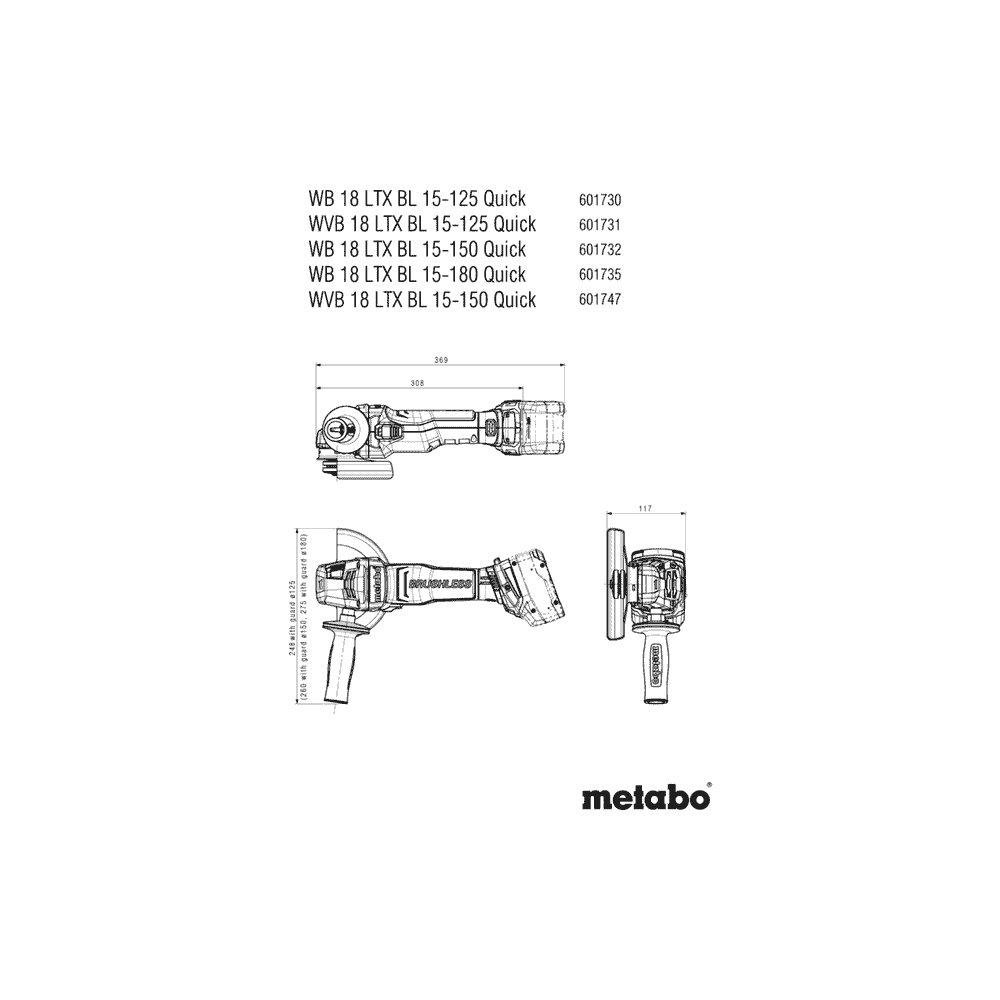 Metabo Akku-Winkelschleifer WVB 18 LTX BL 15-125 Quick, 18 V in drei Ausführungen