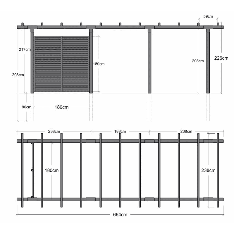PLUS Pergola double avec clôture Tokyo, noir RAL 9005, modèle 3, L x P x H 6 640 x 2 380 x 2 170 mm