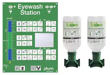 Station de rinçage oculaire Plum 4694, station murale avec 2 × 500 ml de solution de rinçage oculaire, durée de conservation 3 ans
