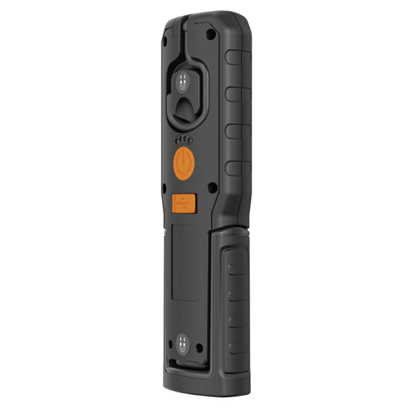 Steffen LED Akku-Handleuchte 5 W, 600 + 100 lm, 5700 K, 240° drehbar, IP54, schwarz/orange