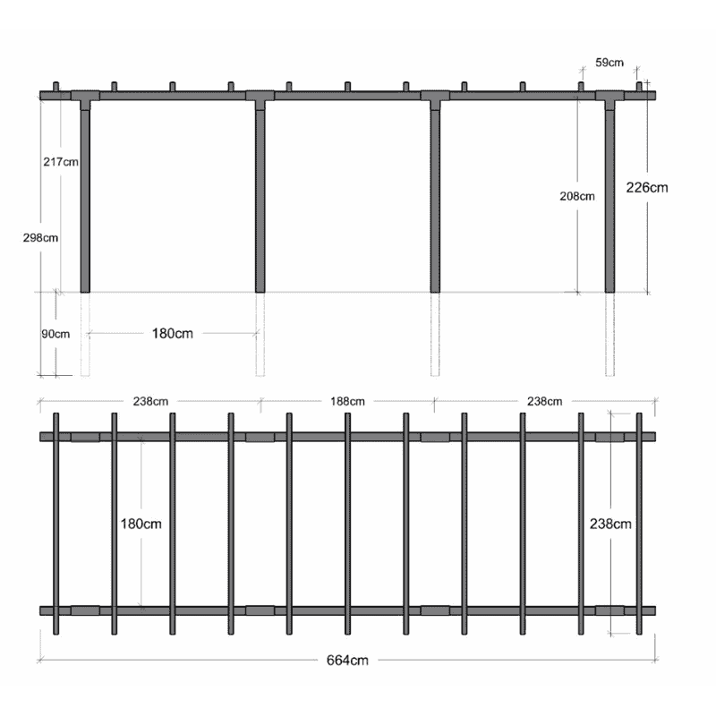 PLUS Doppelpergola, Schwarz RAL 9005, Modell 3, BxTxH 6640 x 2380 x 2260 mm