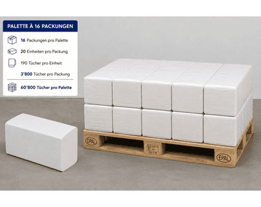 Essuie-mains pliés, pliage en V, 2 couches, palette de 16 cartons