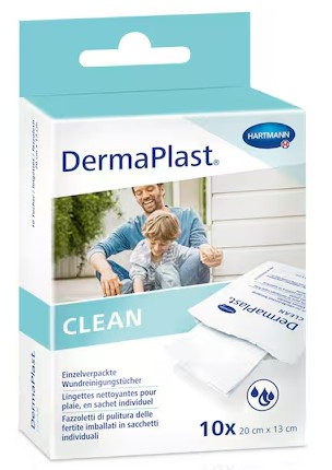 Lingettes nettoyantes pour plaies DermaPlast Clean, 13 x 20 cm, paquet de 10 pièces