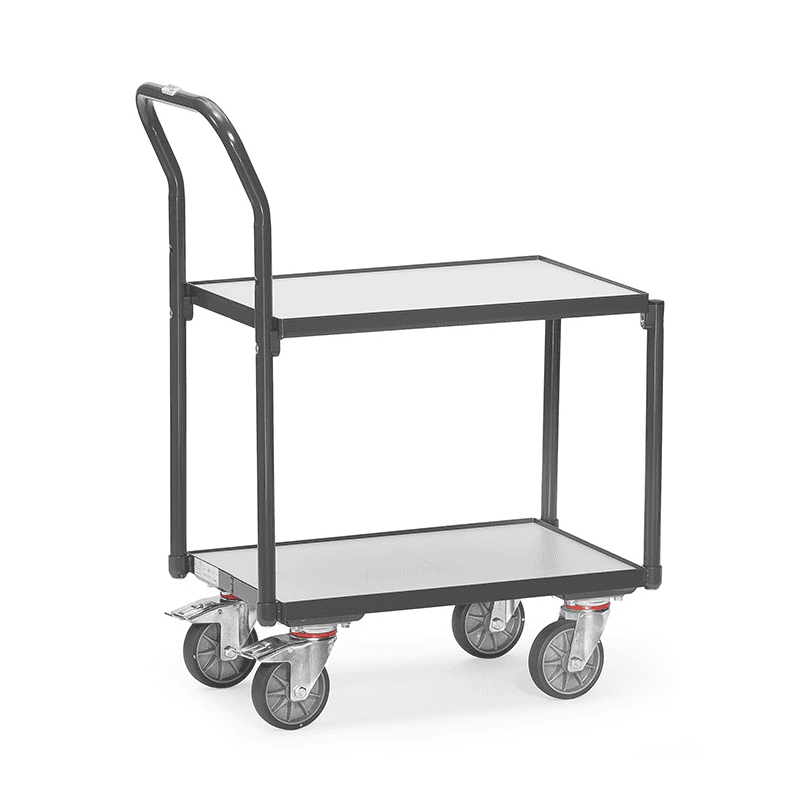 Fetra Rouleur de caisses Euro ESD avec 2 étagères et barre de poussée tubulaire, 747 x 414 x 970 mm
