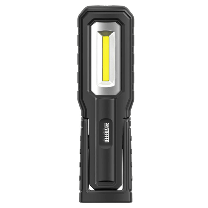 Steffen LED Akku-Handleuchte 5 W, 600 + 100 lm, 5700 K, 240° drehbar, IP54, schwarz/orange