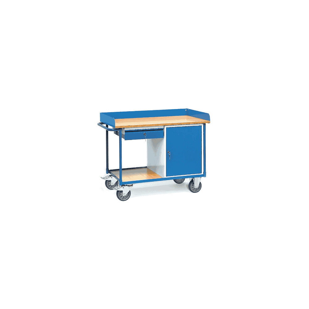 Fetra Werkstattwagen mit Arbeitsplatten, Tragkraft 400 kg, 1 Schrank und 1 Schublade, 1220 x 650 x 930 mm