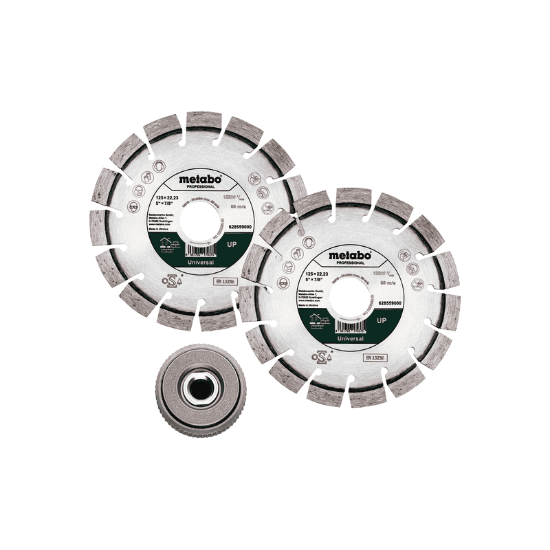 Metabo Set: 2 x Diamanttrennscheibe "UP", 125 x 22,23 mm und 1 x Quickspannmutter M 14