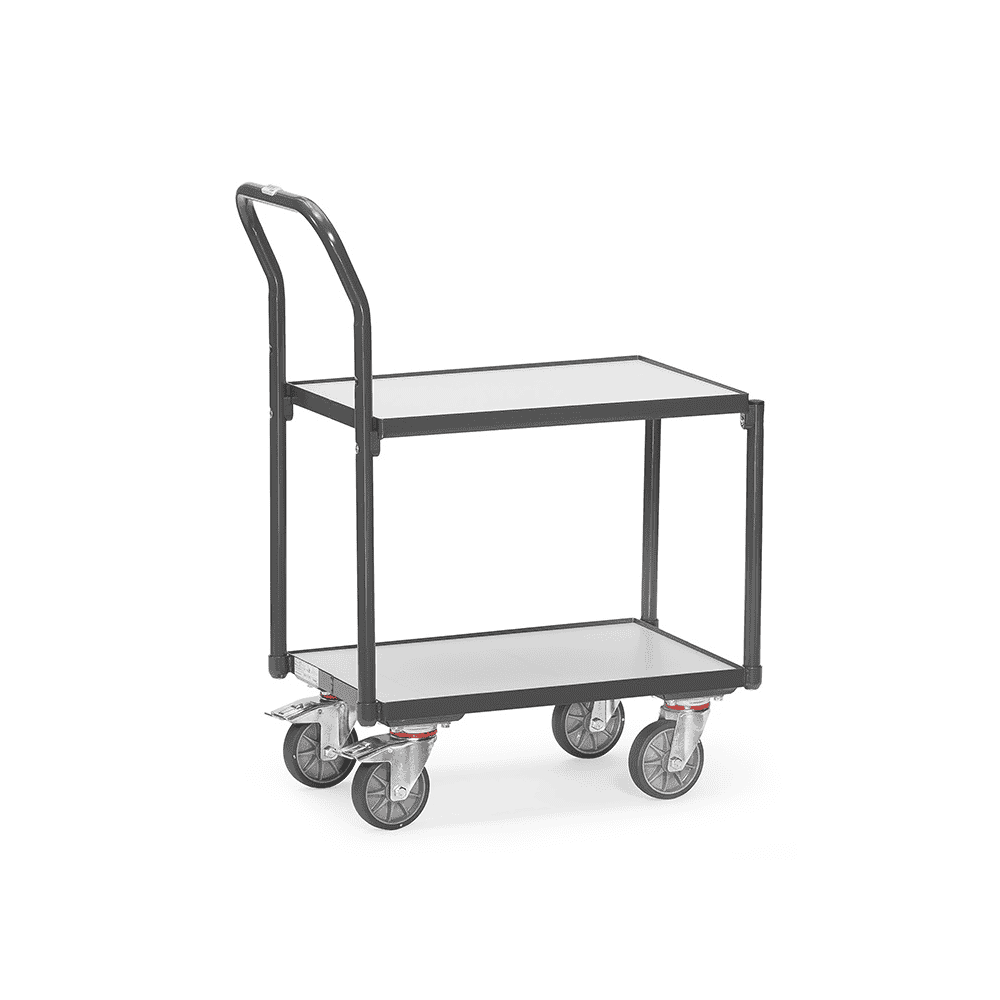 Fetra Rouleur de caisses Euro ESD avec 2 étagères et barre de poussée tubulaire, 747 x 414 x 970 mm
