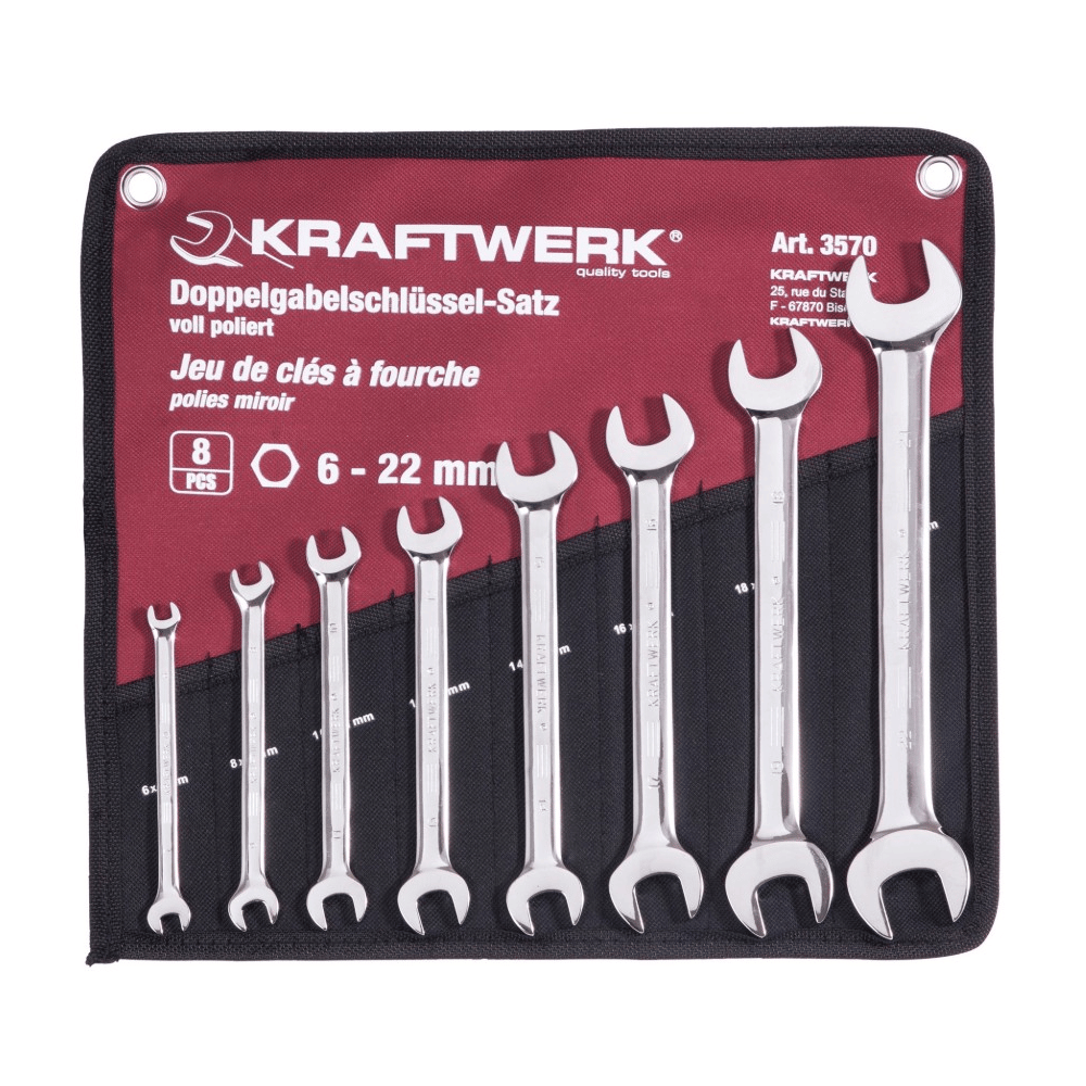 KRAFTWERK PRO LINE Doppel-Maulschlüssel-Satz, 8-teilig, 6–22 mm, im Rolletui