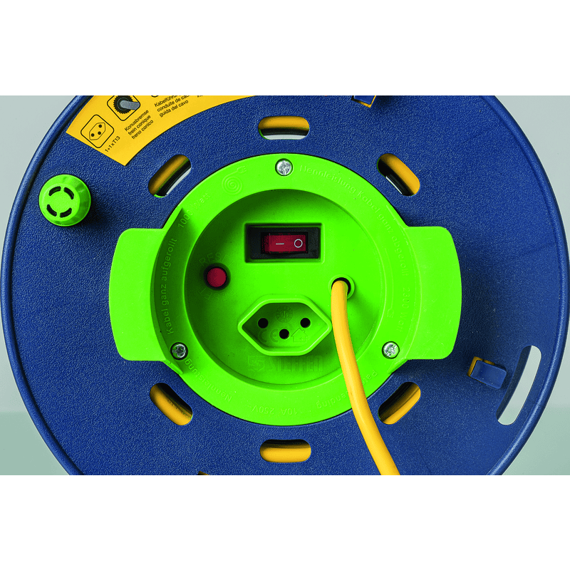 Steffen Kunststoff-Gerätekabelrolle LOOP, 1 + 1 x T13, Td 3×1 mm², Thermoschutz, IP20, blau/grün, Kabellänge 40 m