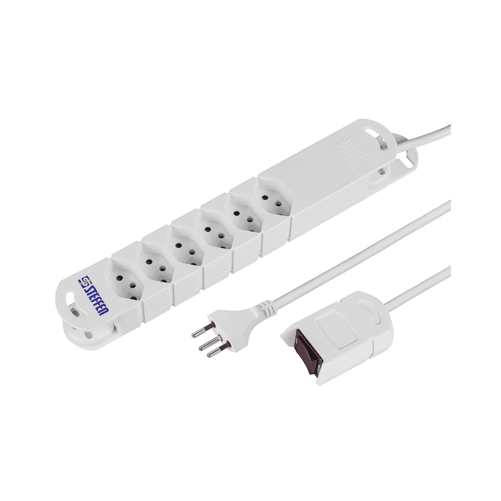 Steffen Steckdosenleiste VARIABL, 6 x T13 Steckdosen, mit ext. Kabelschalter und Haftmagnete, 3 m Kabel, weiss