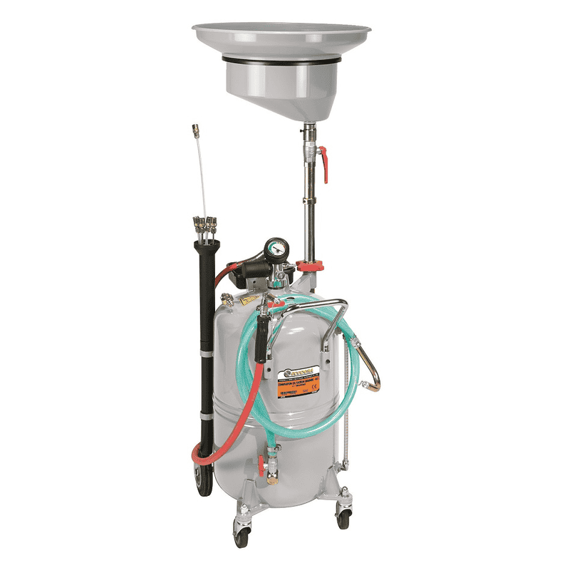 Chariot aspirateur d'huile usagée avec un collecteur 90 l pneumatique avec 7 sondes flexibles et rigides différentes