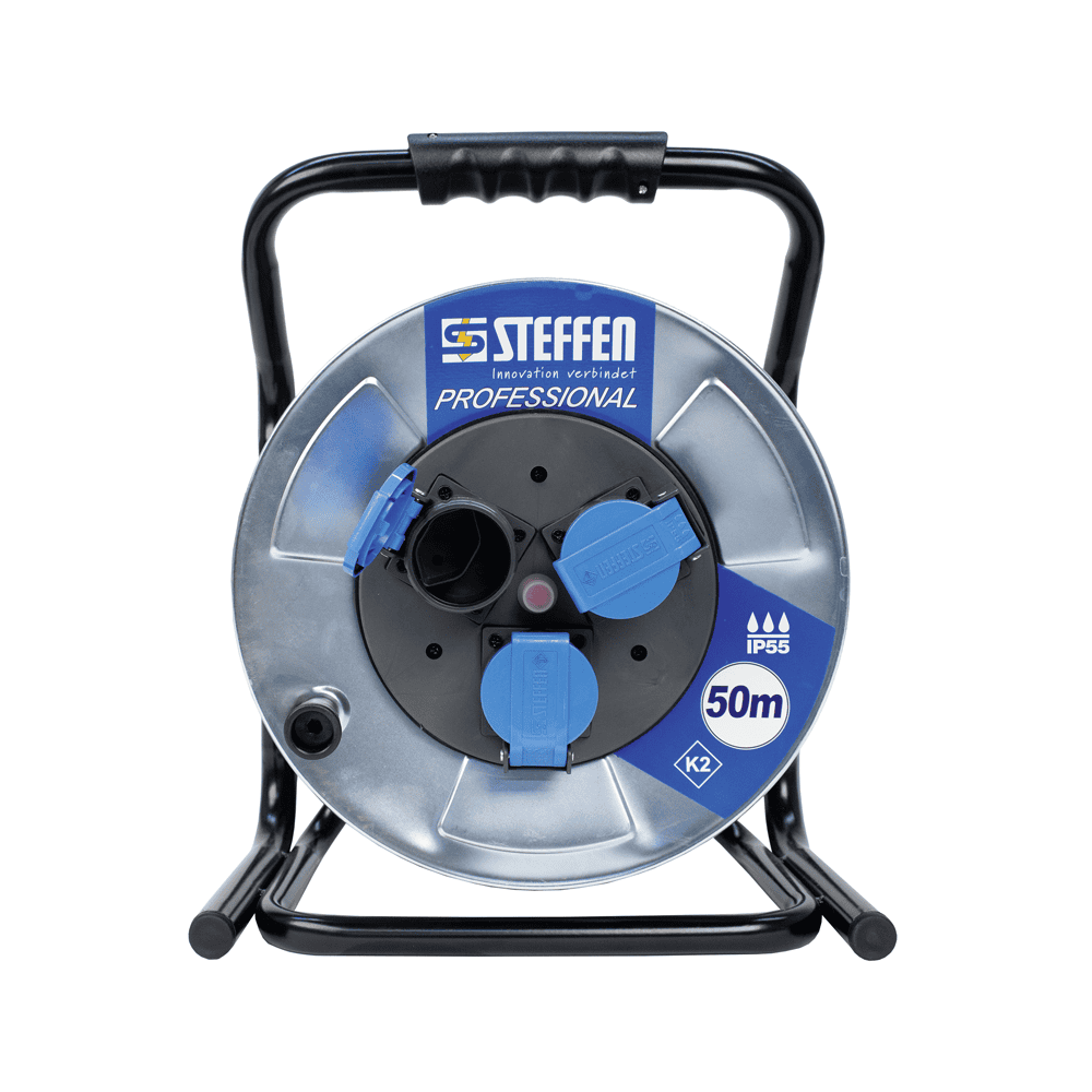 Steffen Metall-Kabelrolle PROFESSIONAL, 3 x T13, PUR, 10 A, Thermoschutz, IP55, silber, diverse Ausführungen