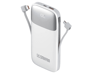Steffen Powerbank 20 W PD3.0, 10'000 mAh, USB-C/USB-A, integrierte Ladekabel, weiss