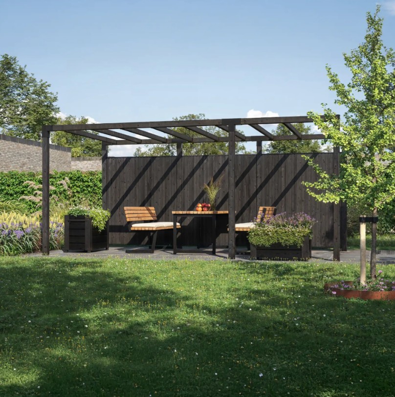 PLUS Pergola Arcade aus Holz, Schwarz RAL 9005, Modell 6, BxTxH 4860 x 2570 x 2170 mm