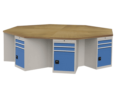 Bedrunka+Hirth 8-Eck-Werkbank, Tiefe 736, R 18-24, Schubladenanzahl je Schrank 2, BxTxH 3020 x 3020 x 859 mm
