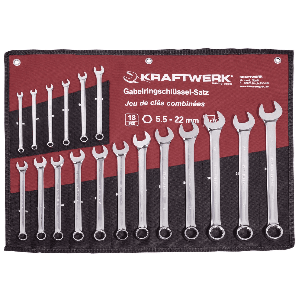 KRAFTWERK PRO LINE Gabelringschlüssel-Satz, 18-teilig, 5.5–22 mm, in Rolltasche