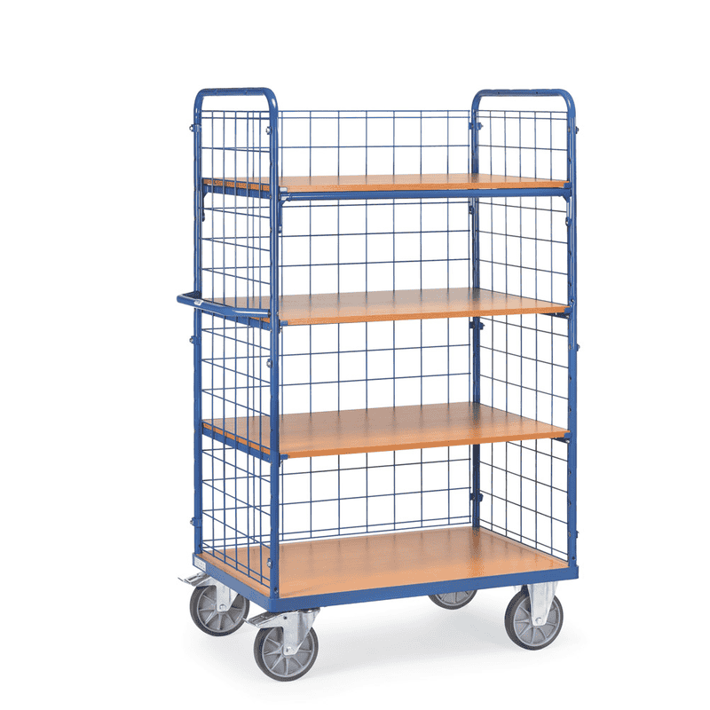 Chariot à plateaux avec parois en treillis métallique et 4 tablettes en différentes tailles
