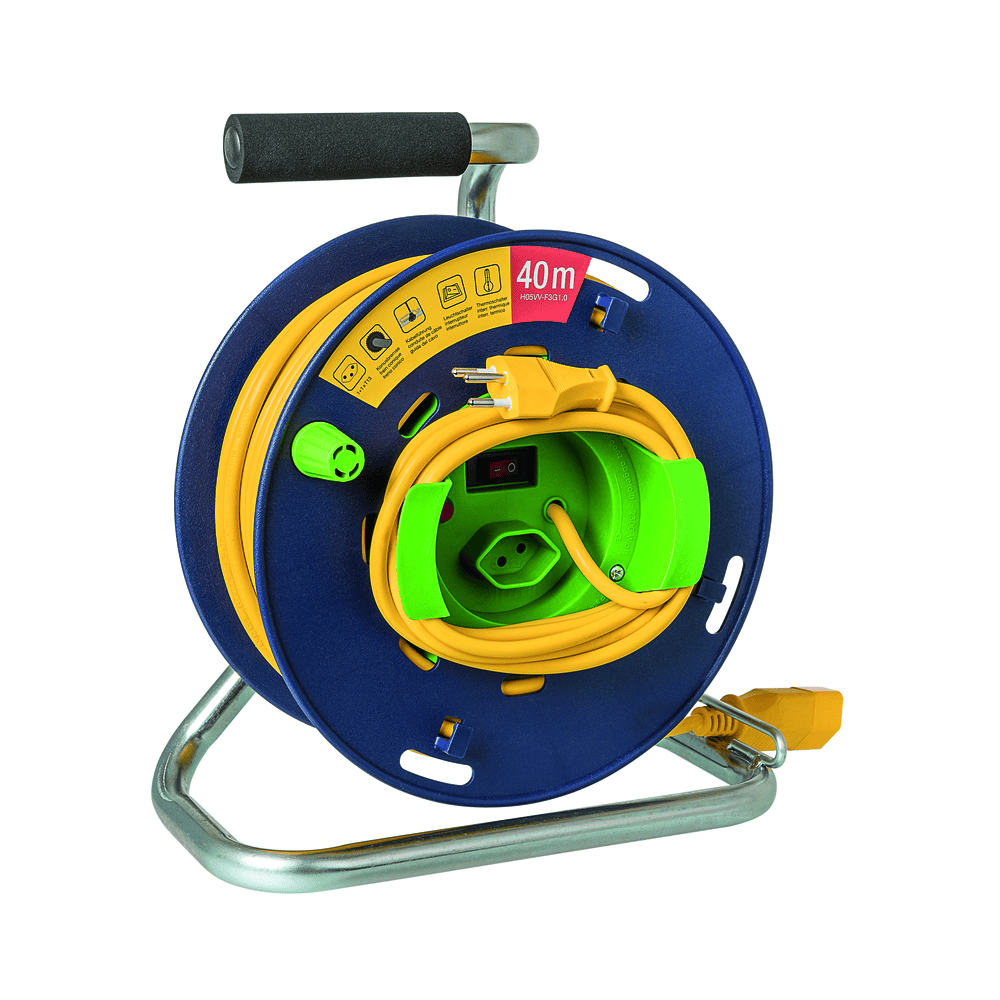 Steffen Kunststoff-Gerätekabelrolle LOOP, 1 + 1 x T13, Td 3×1 mm², Thermoschutz, IP20, blau/grün, Kabellänge 40 m