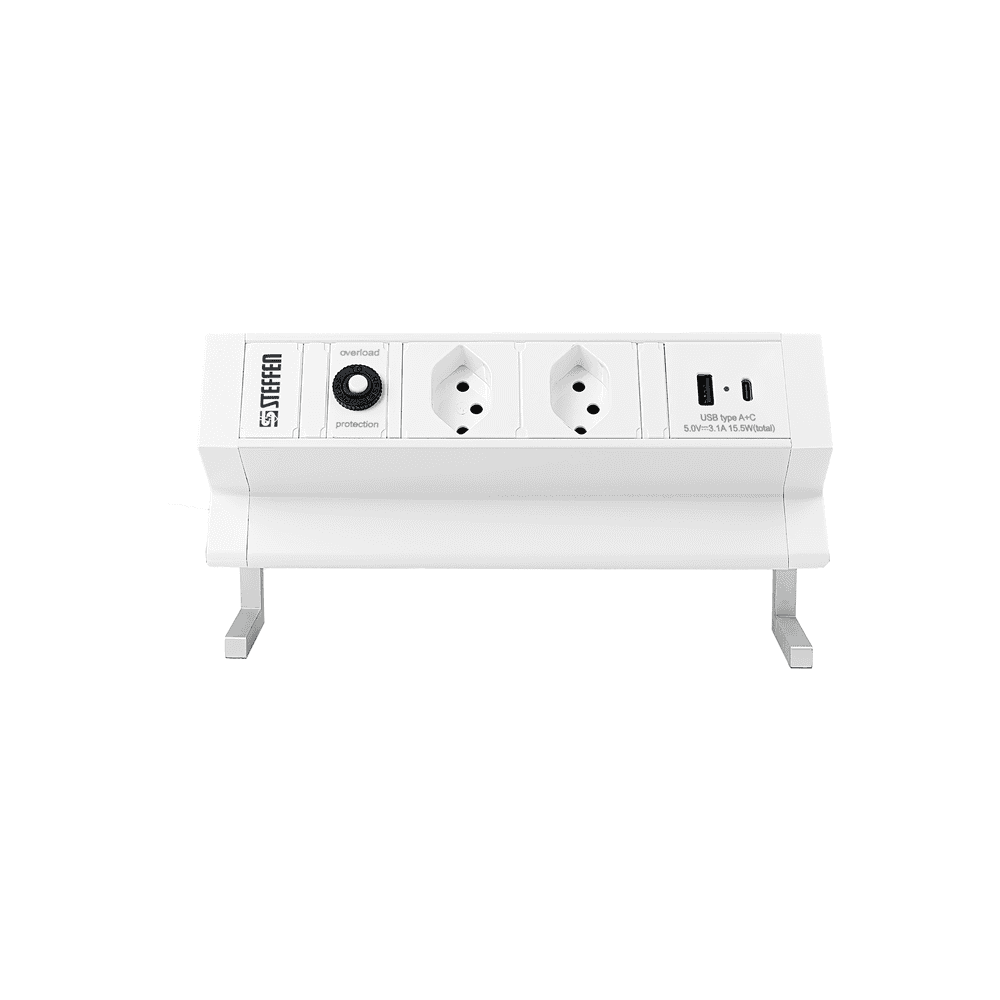 Steffen Multiprise de table ALU DESK, 2 prises de courant T13, 1 USB-A, 1 USB-C, 10 A, IP20, câble de 1.5 m, en deux couleurs