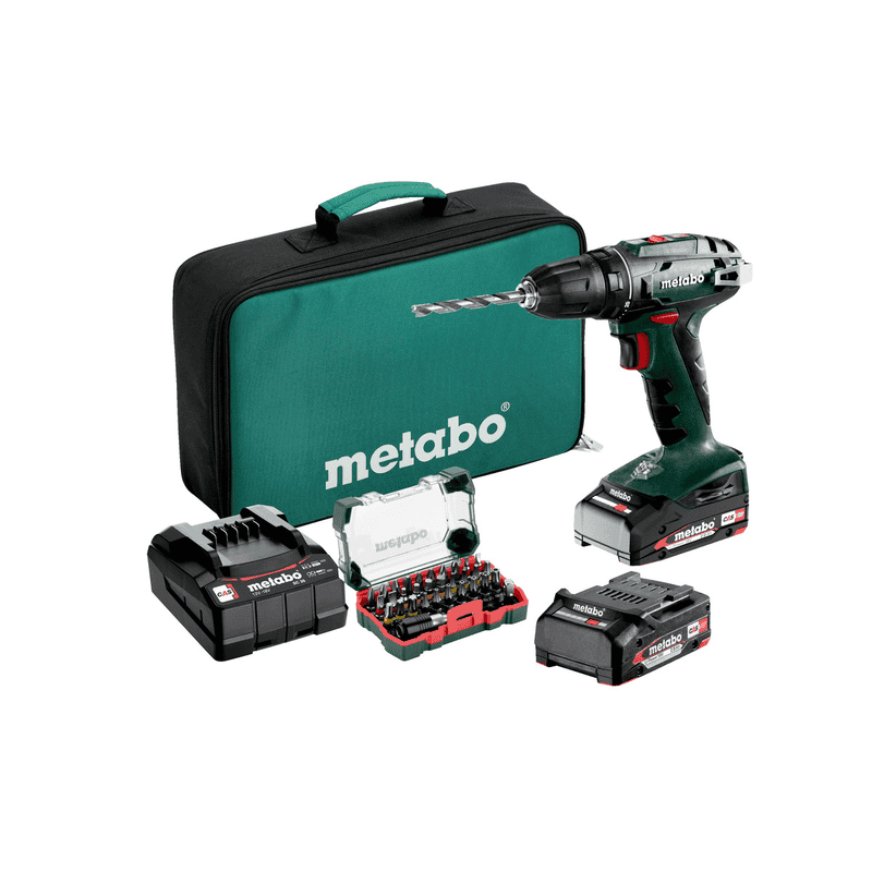 Metabo Akku-Bohrschrauber BS 18 mit 2x Li-Power Akkupacks (18 V / 2.0 Ah), Ladegerät SC 36 und Werkzeugtasche