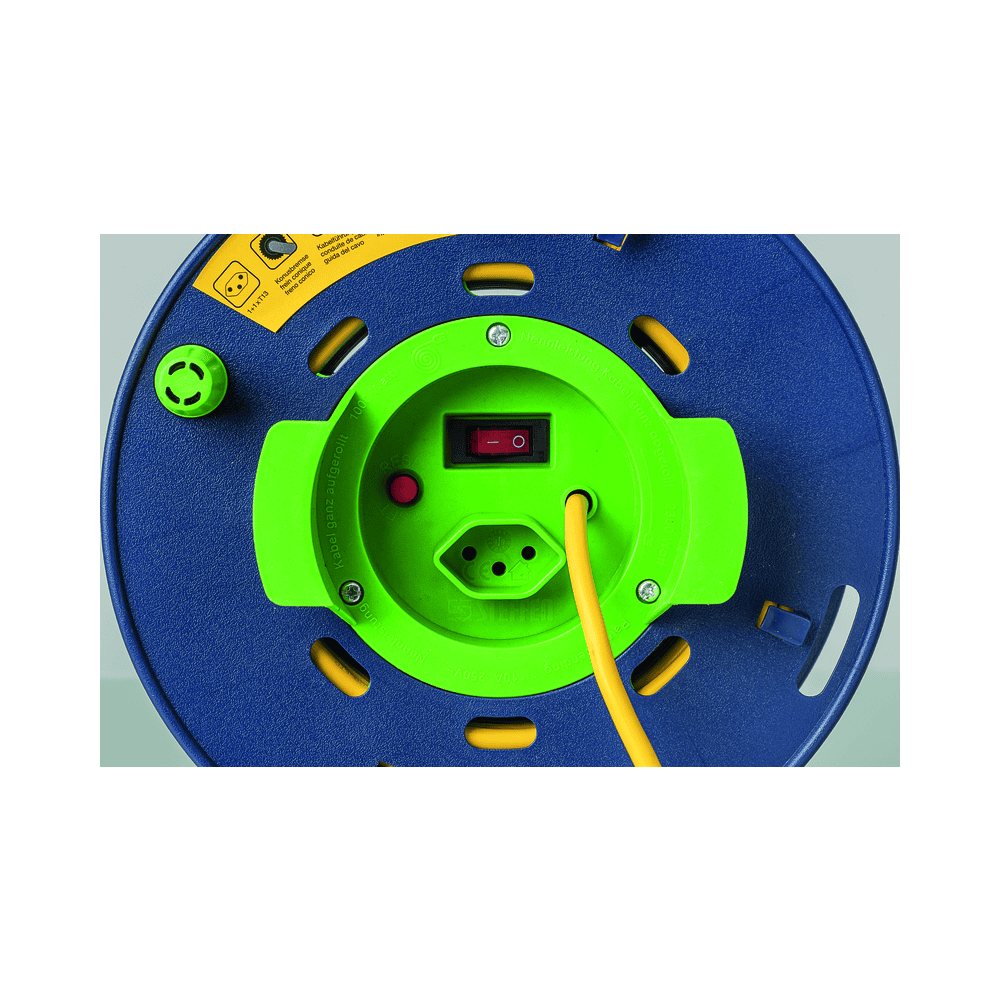 Steffen Kunststoff-Gerätekabelrolle LOOP, 1 + 1 x T13, Td 3×1 mm², Thermoschutz, IP20, blau/grün, Kabellänge 40 m