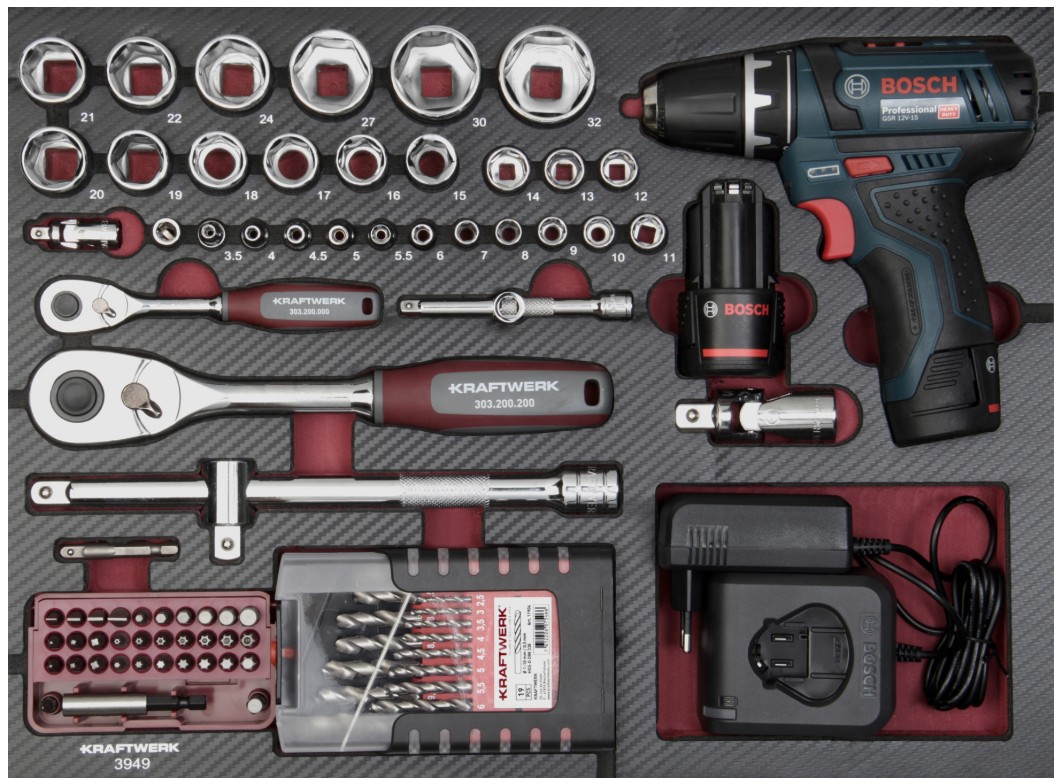 KRAFTWERK PRO LINE Werkzeugkoffer mit Akku-Bohrschrauber von BOSCH, 1/4" + 1/2", 264-tlg