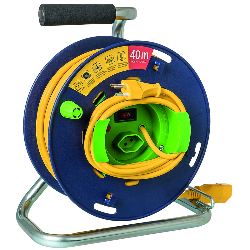 Steffen Kunststoff-Gerätekabelrolle LOOP, 1 + 1 x T13, Td 3×1 mm², Thermoschutz, IP20, blau/grün, Kabellänge 40 m